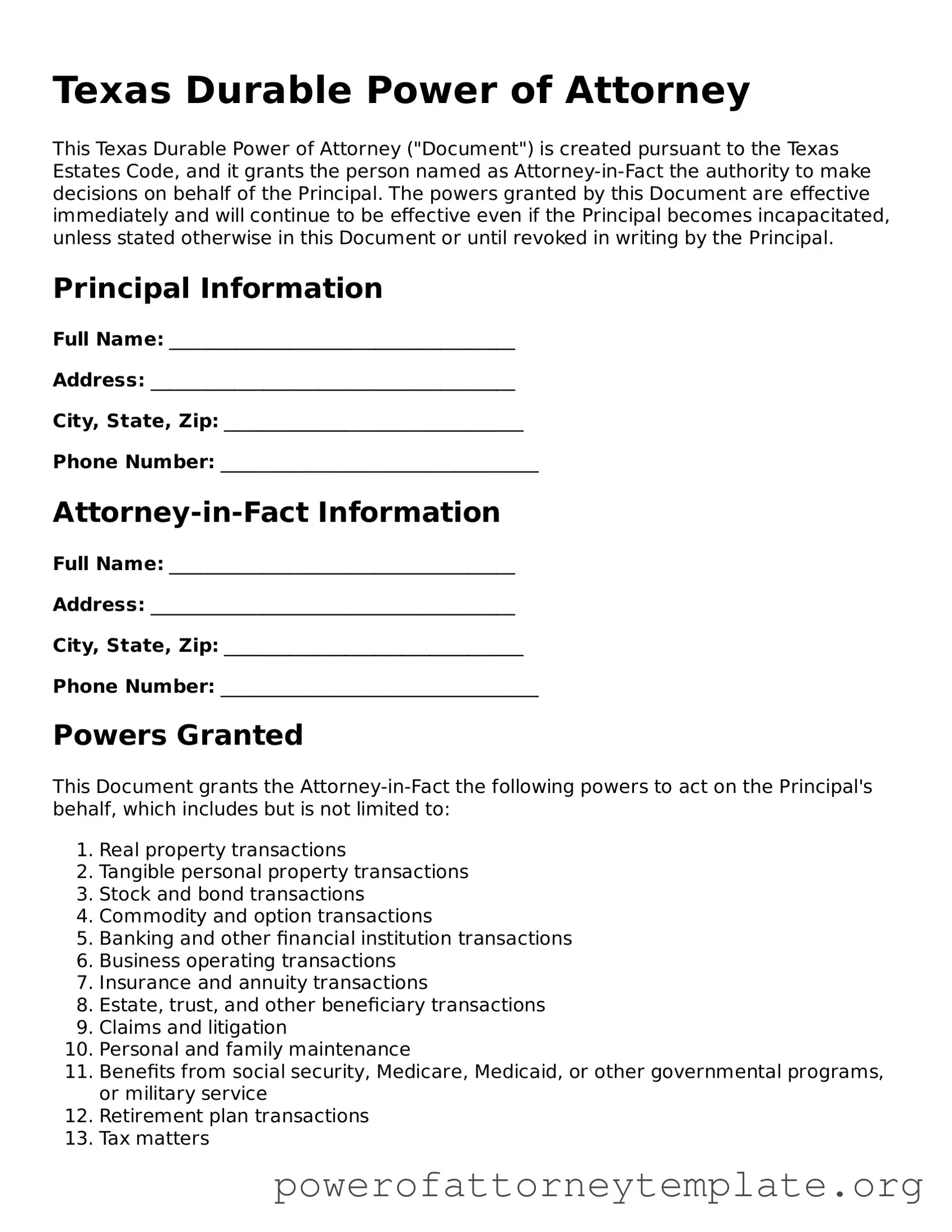 Legal Texas Durable Power of Attorney Template