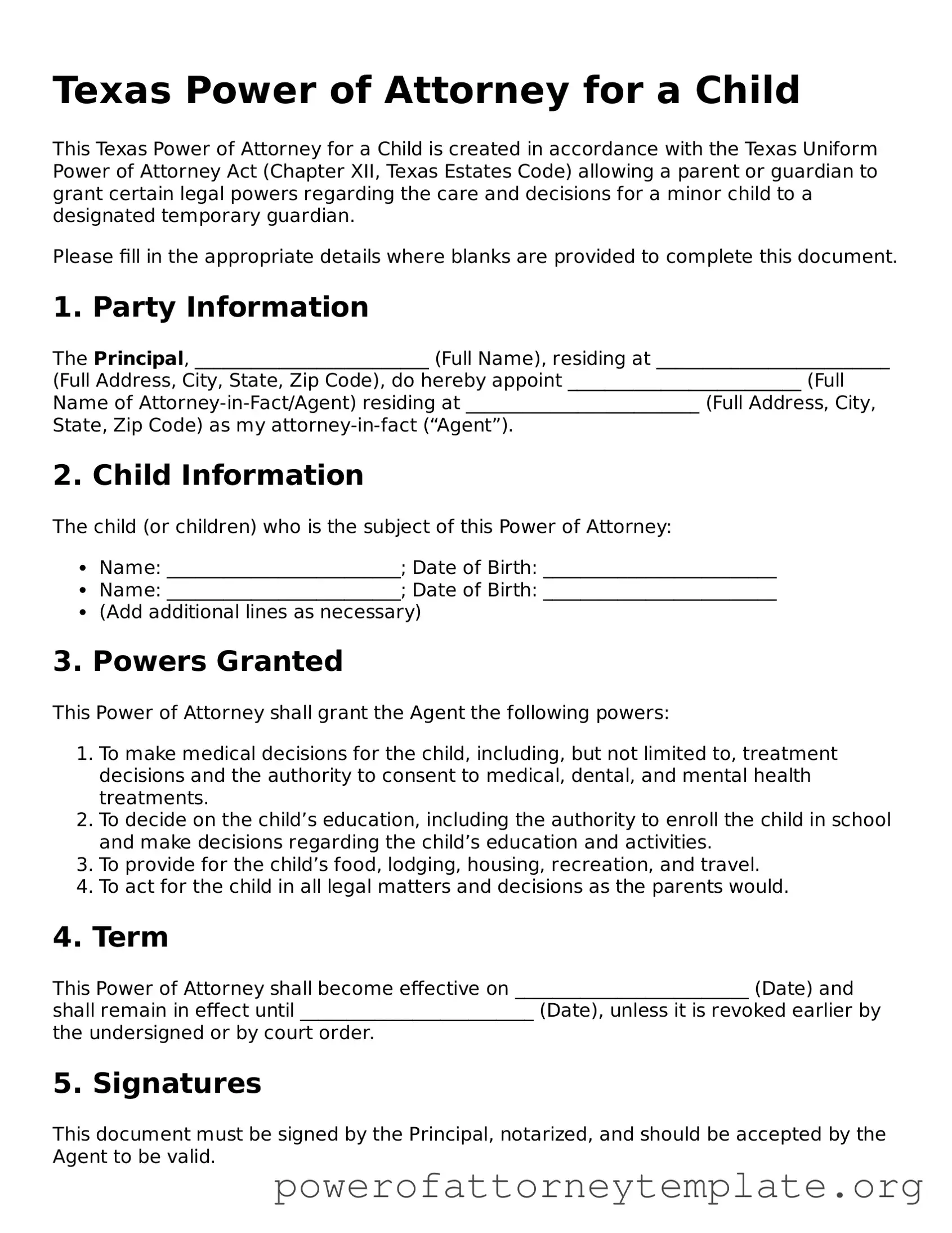 Legal Texas Power of Attorney for a Child Template