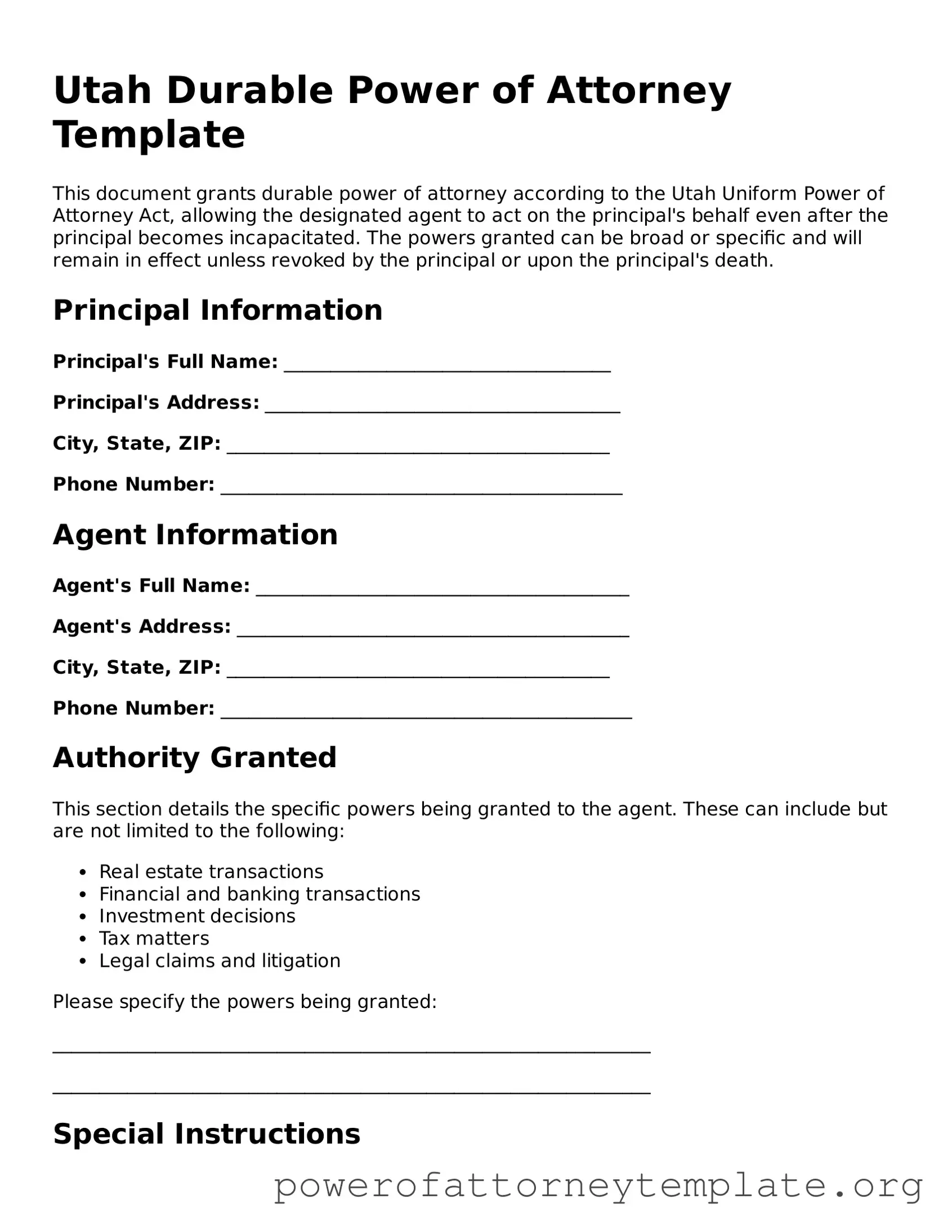 Legal Utah Durable Power of Attorney Template