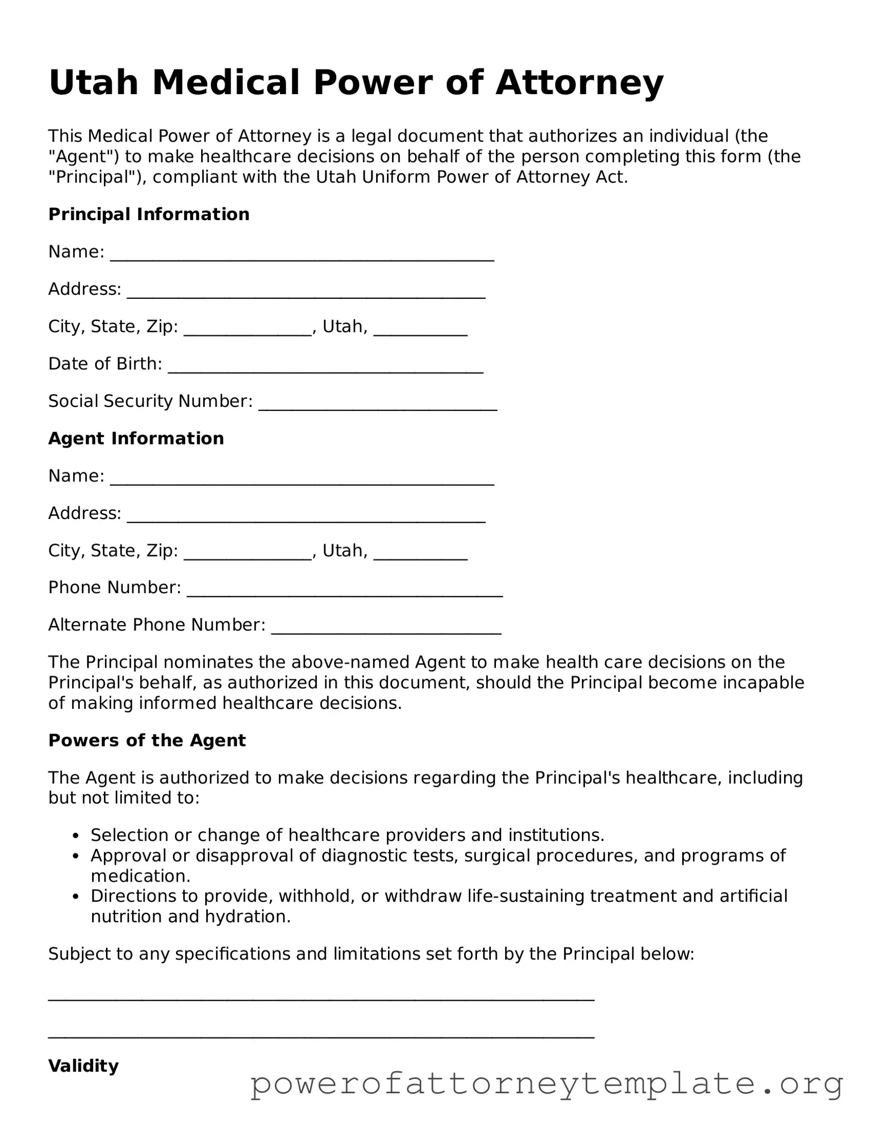 Legal Utah Medical Power of Attorney Template