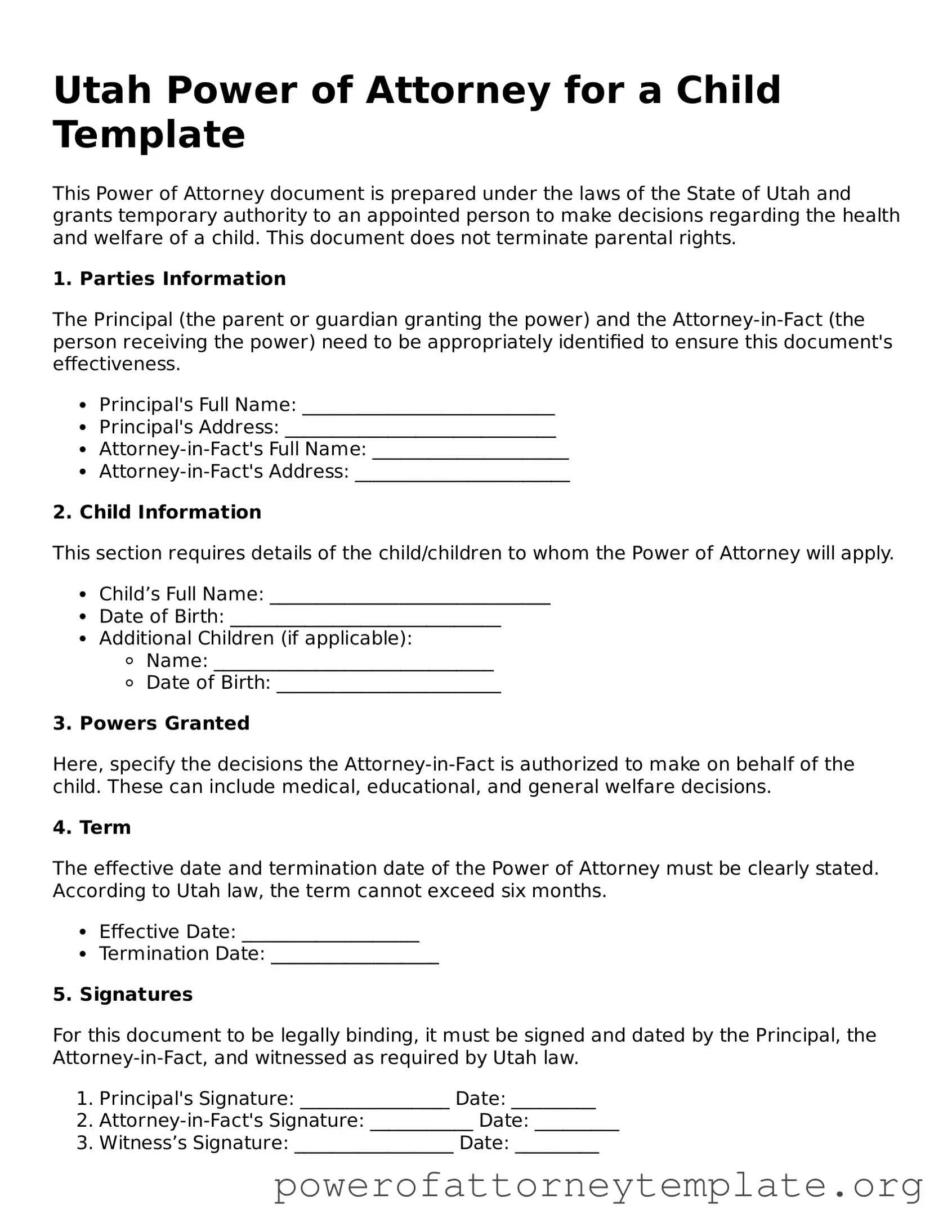 Legal Utah Power of Attorney for a Child Template