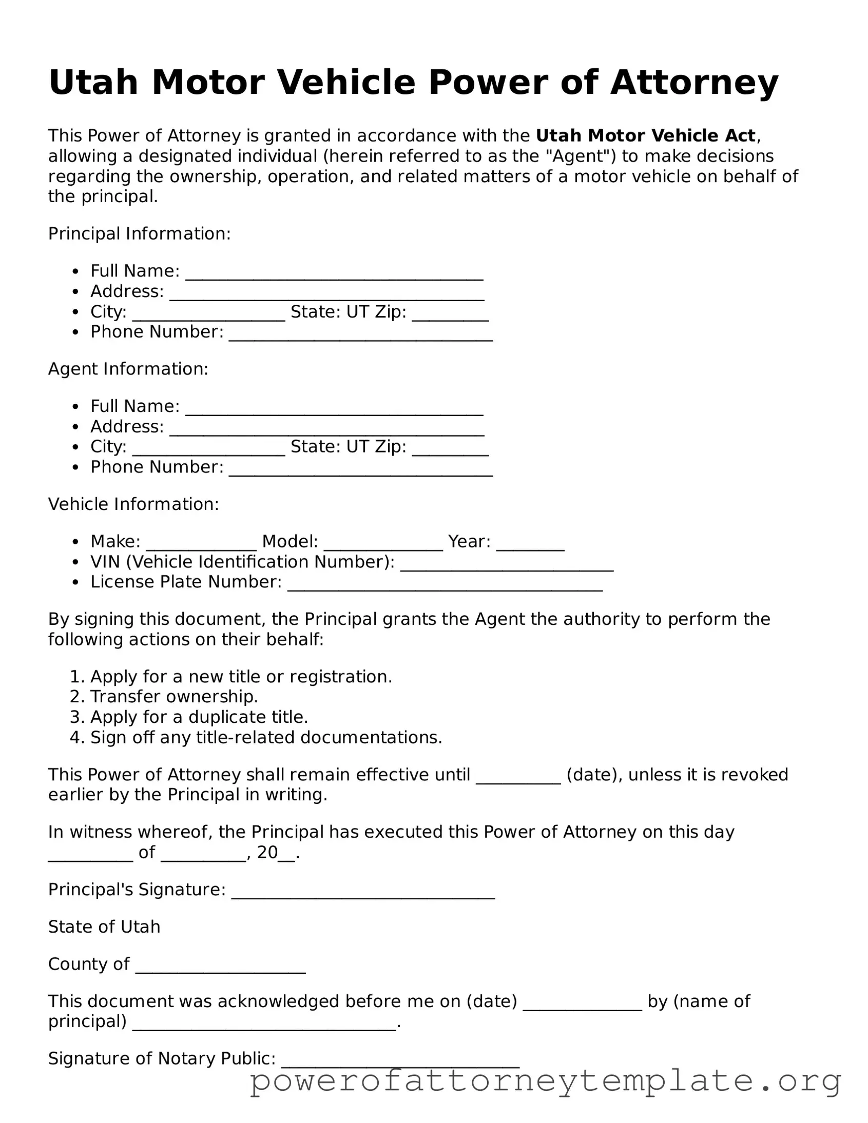 Legal Utah Motor Vehicle Power of Attorney Template
