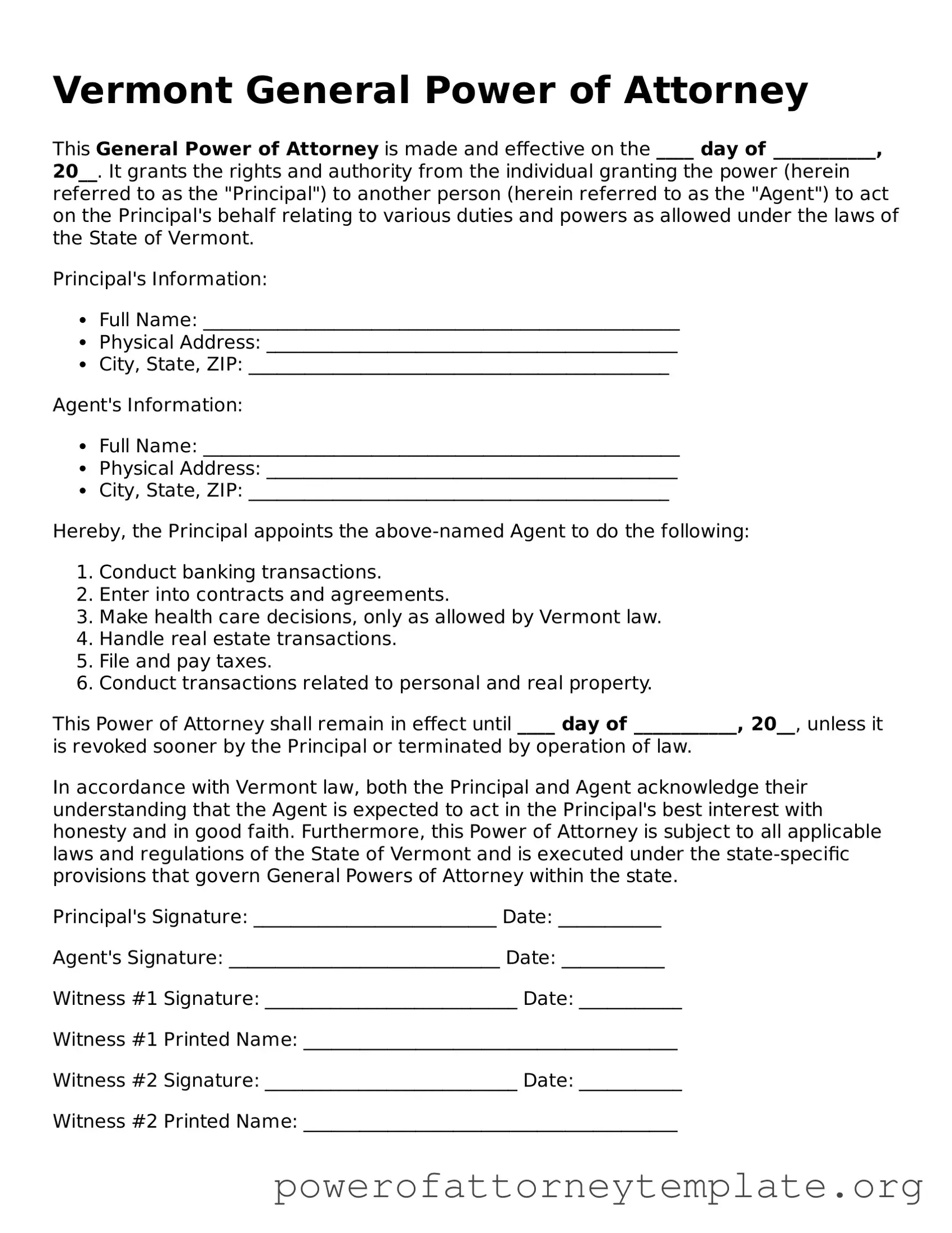 Legal Vermont General Power of Attorney Template