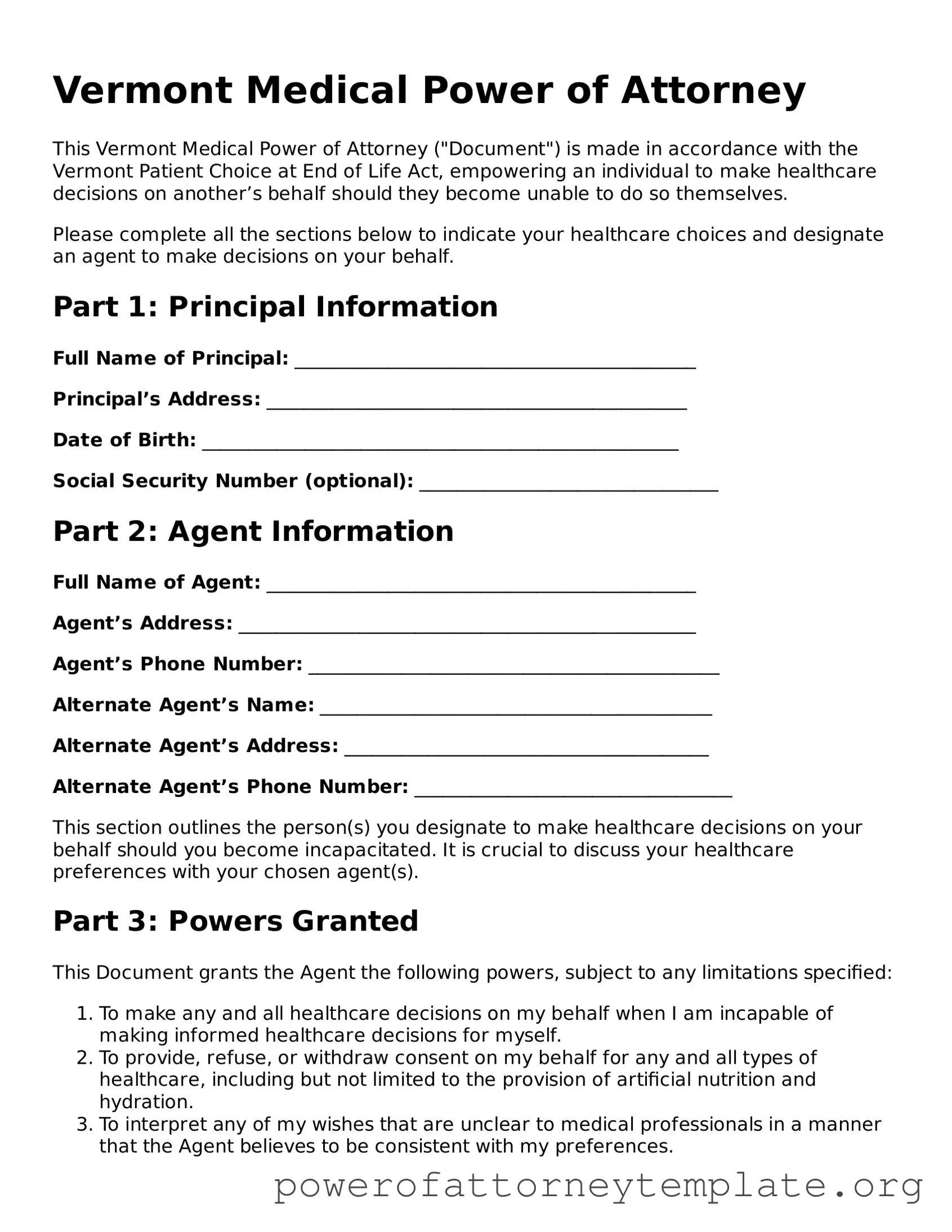 Legal Vermont Medical Power of Attorney Template