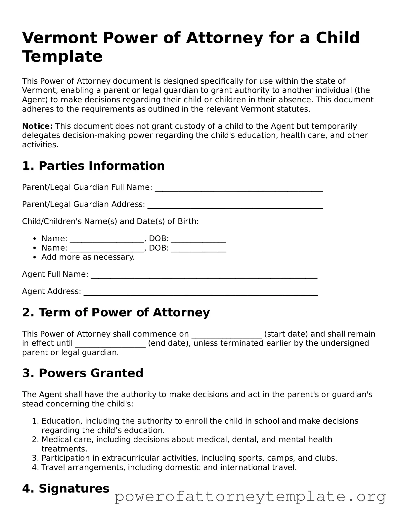 Legal Vermont Power of Attorney for a Child Template