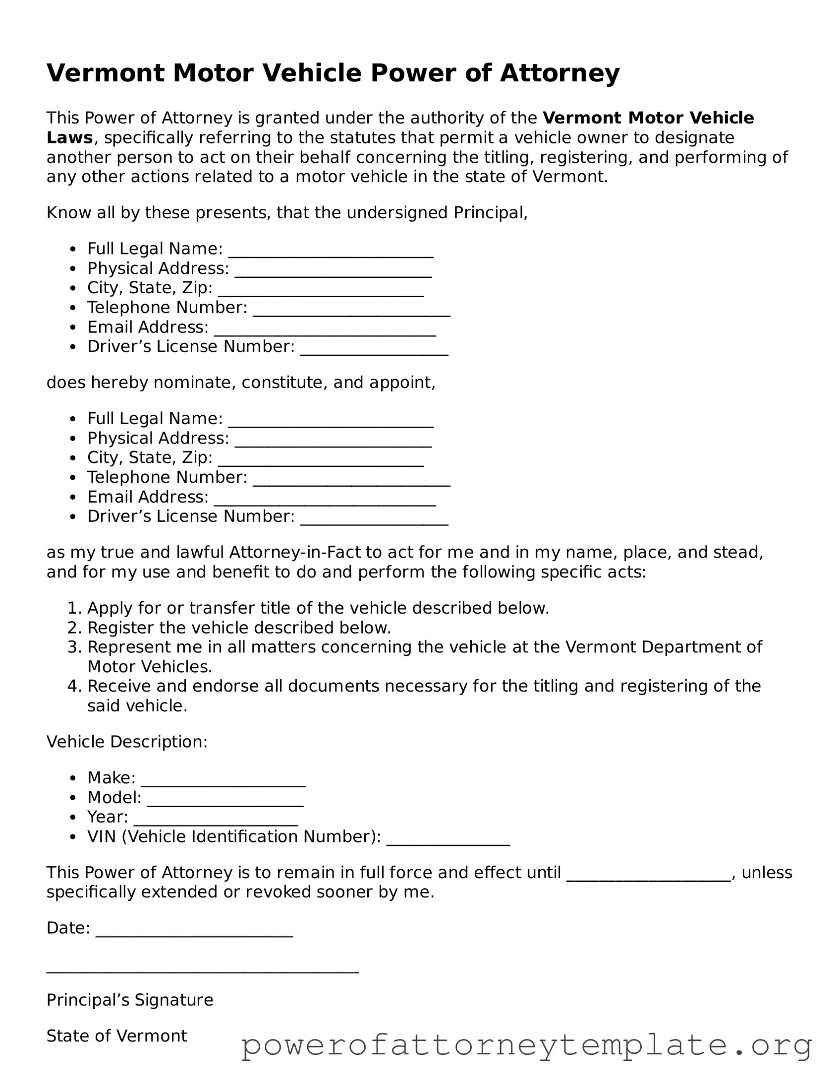 Legal Vermont Motor Vehicle Power of Attorney Template