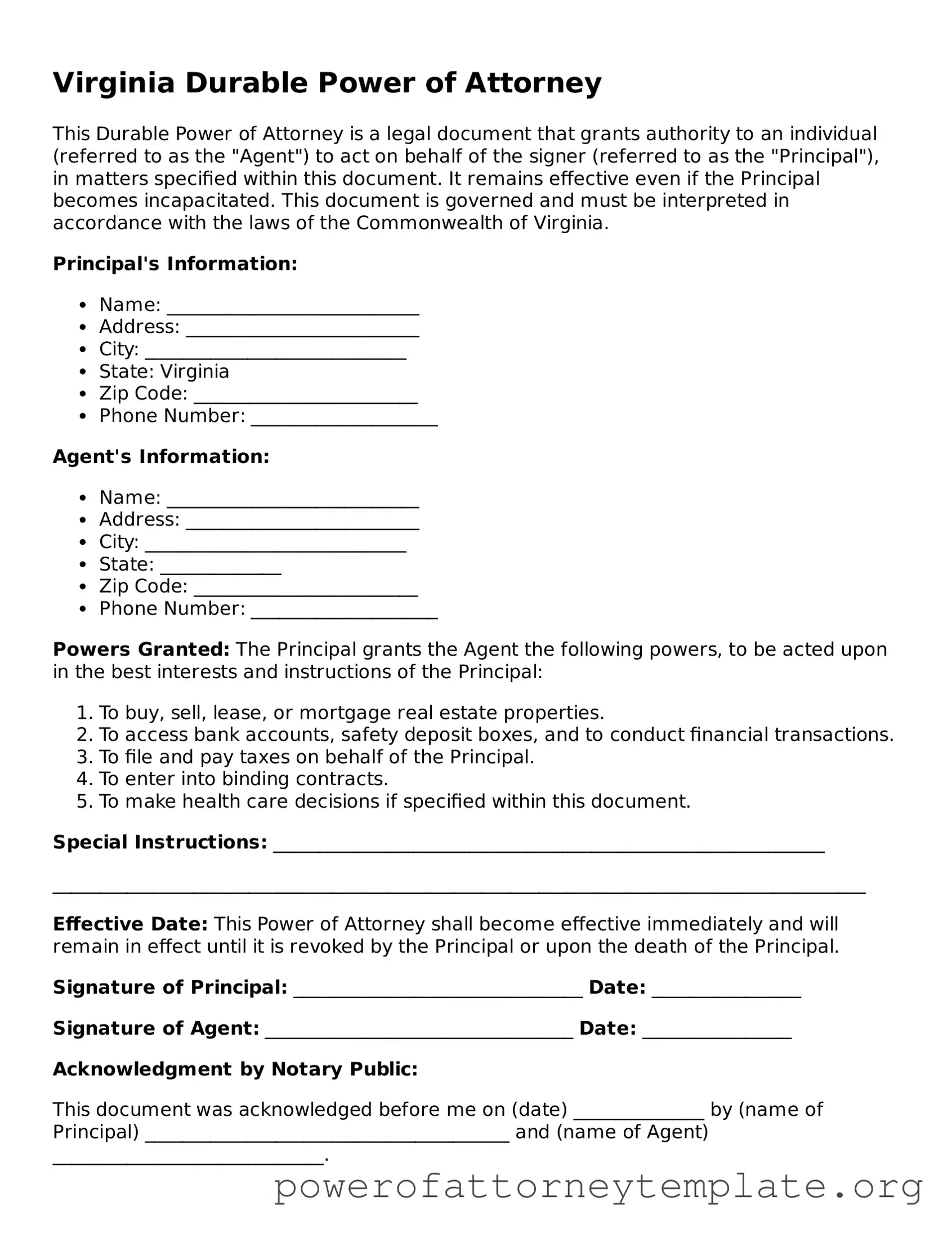 Legal Virginia Durable Power of Attorney Template