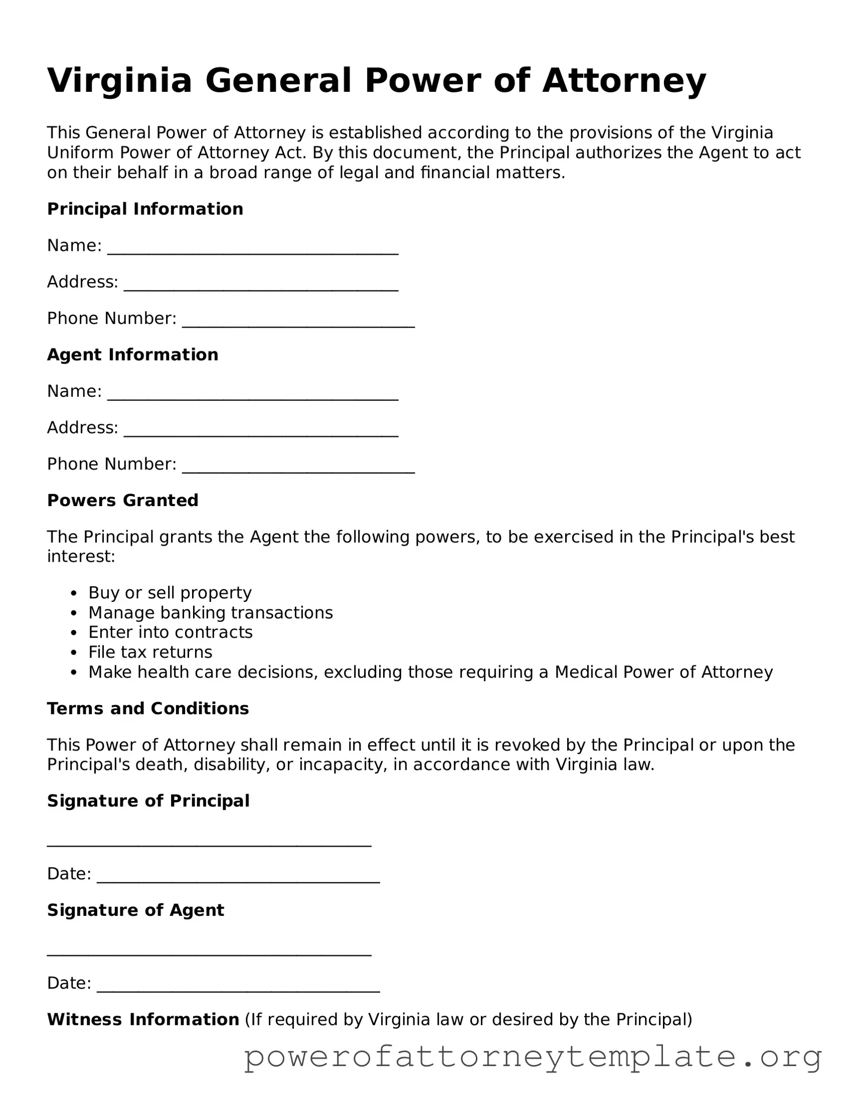 Legal Virginia General Power of Attorney Template
