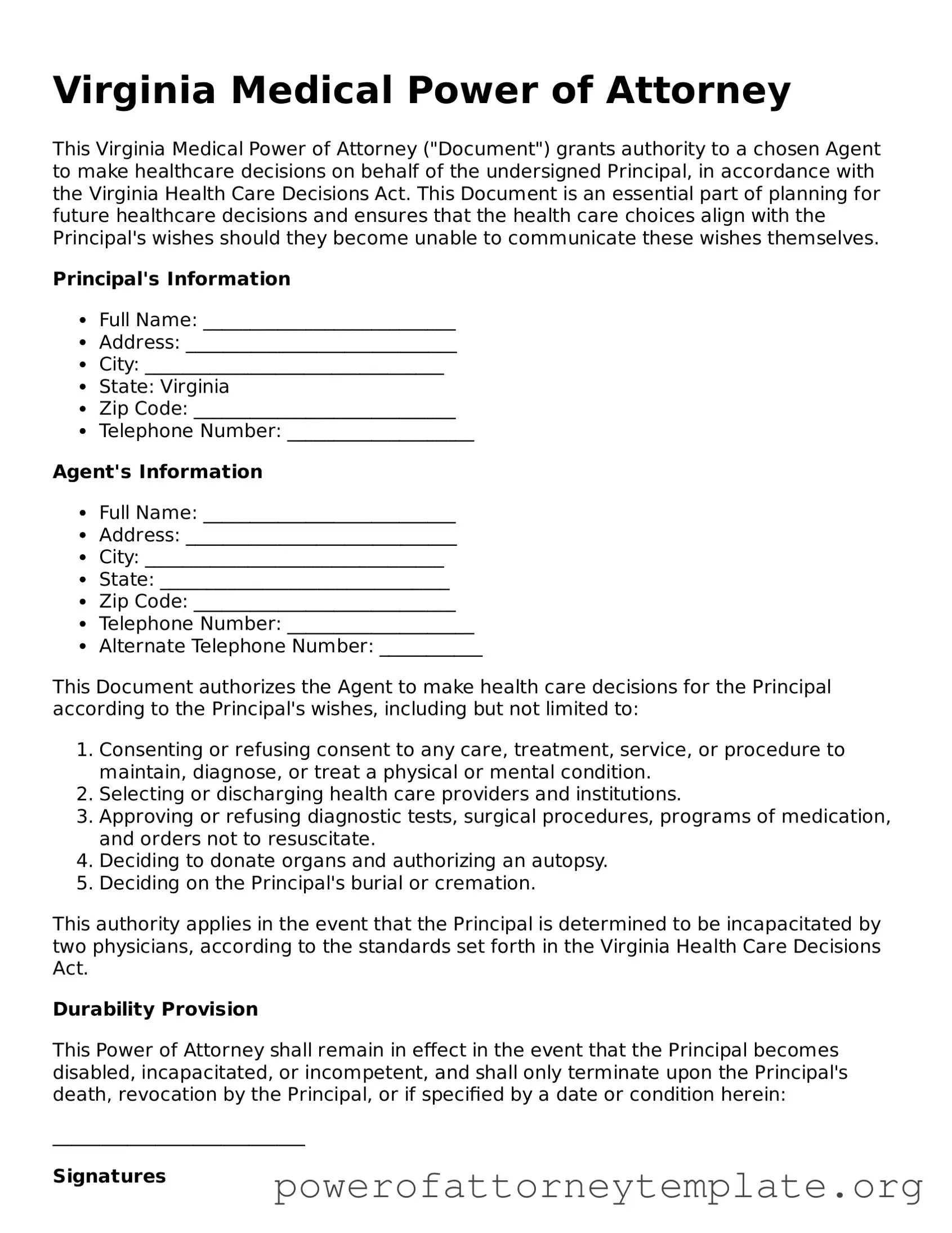 Legal Virginia Medical Power of Attorney Template