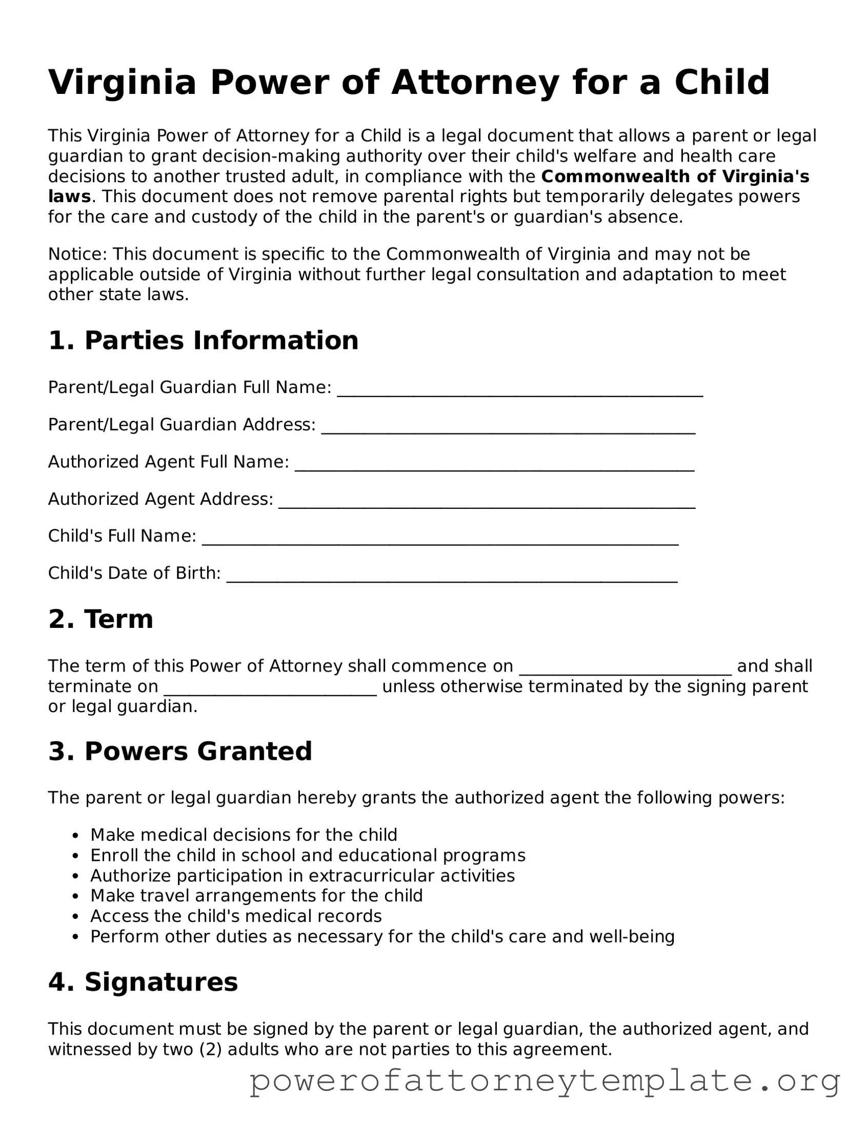 Legal Virginia Power of Attorney for a Child Template