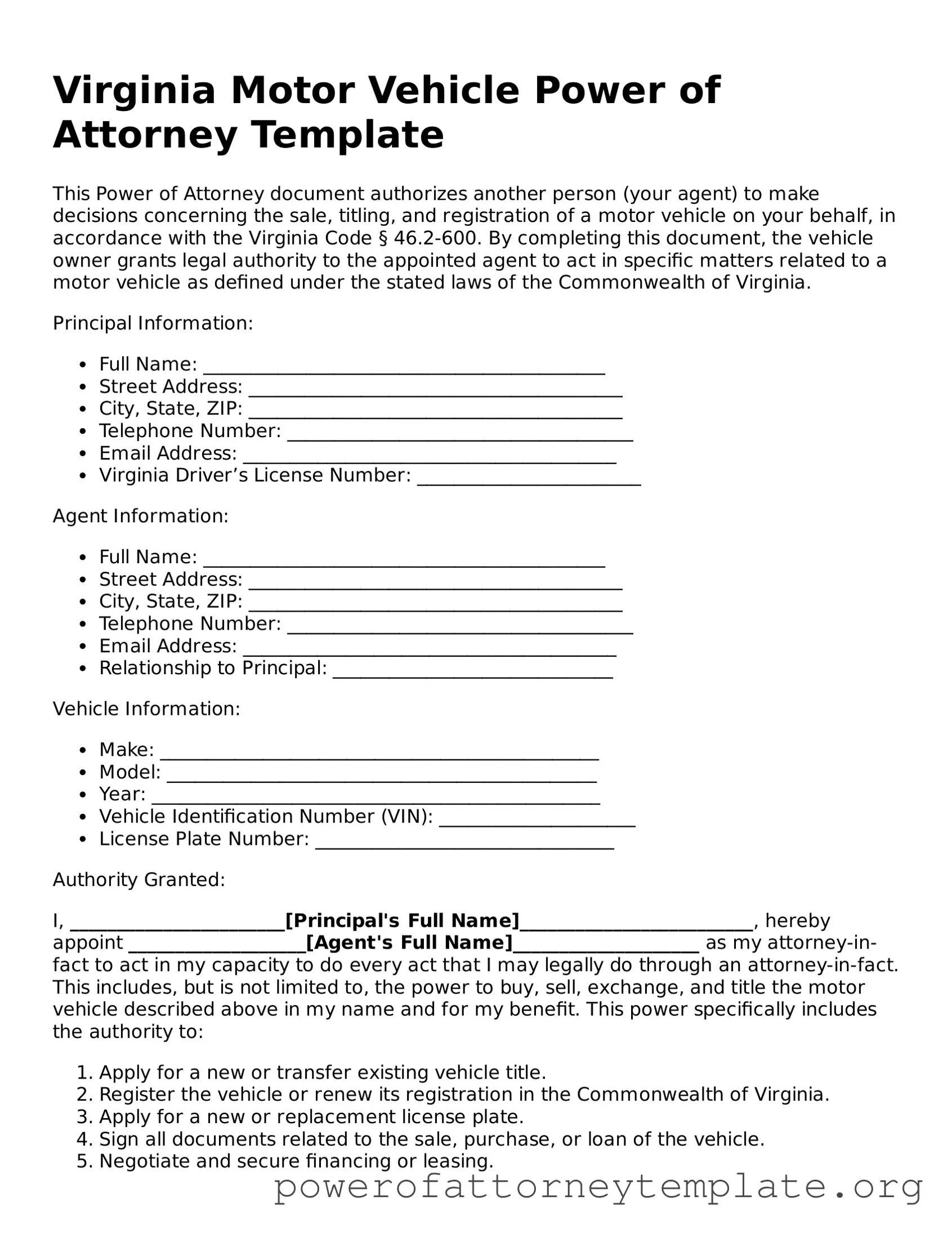 Legal Virginia Motor Vehicle Power of Attorney Template