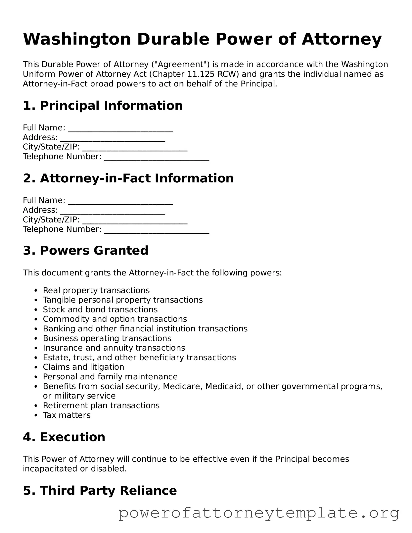 Legal Washington Durable Power of Attorney Template