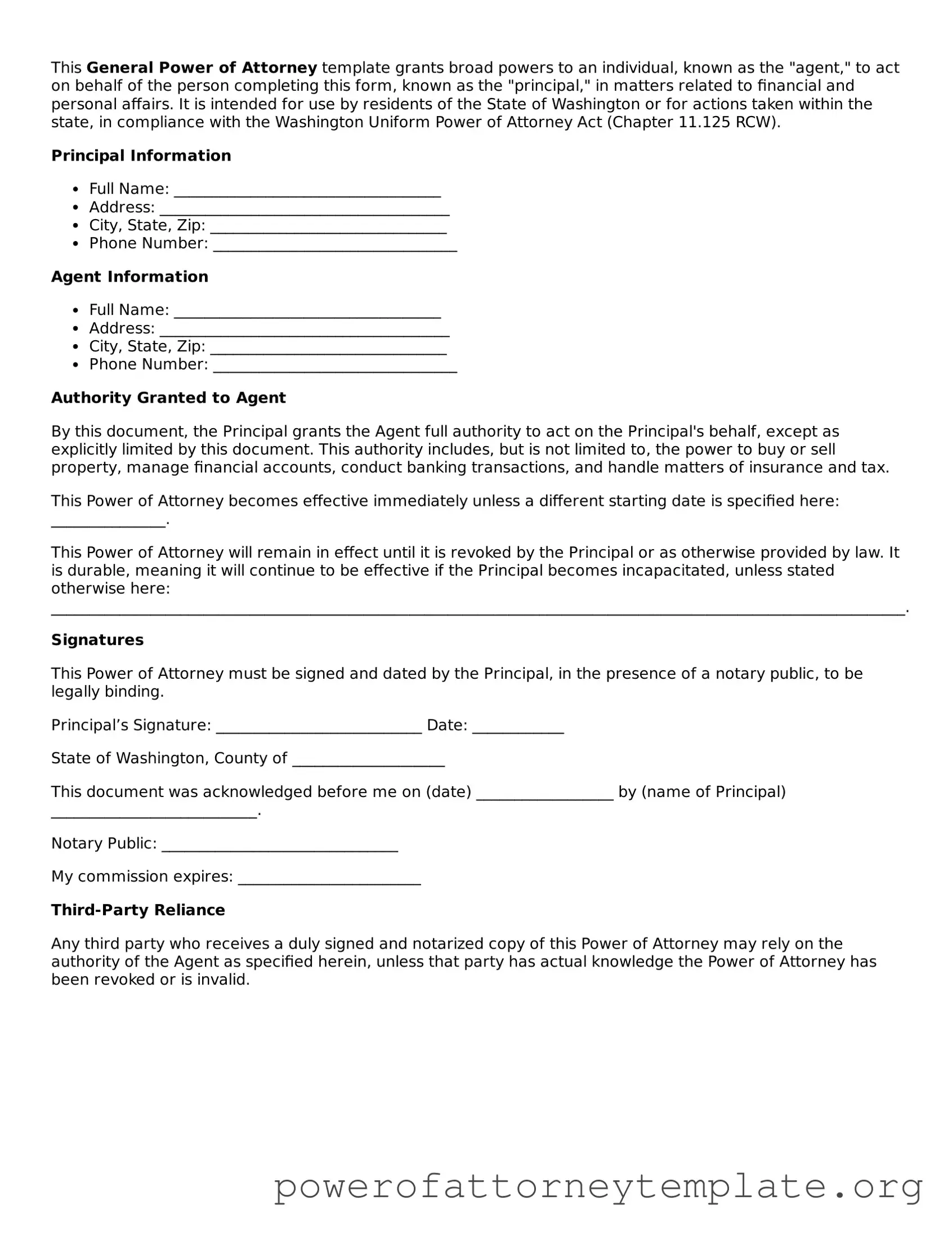 Legal Washington General Power of Attorney Template