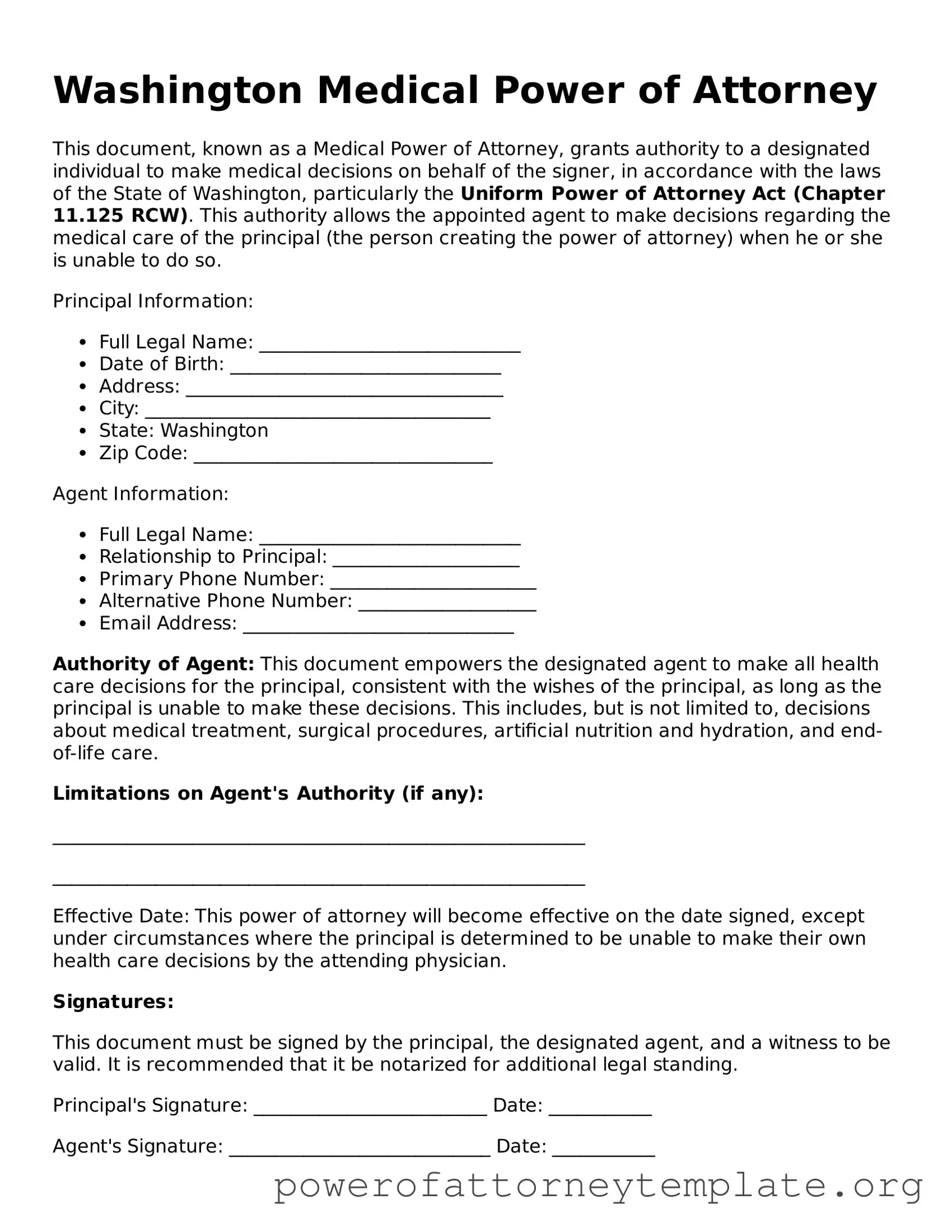 Legal Washington Medical Power of Attorney Template