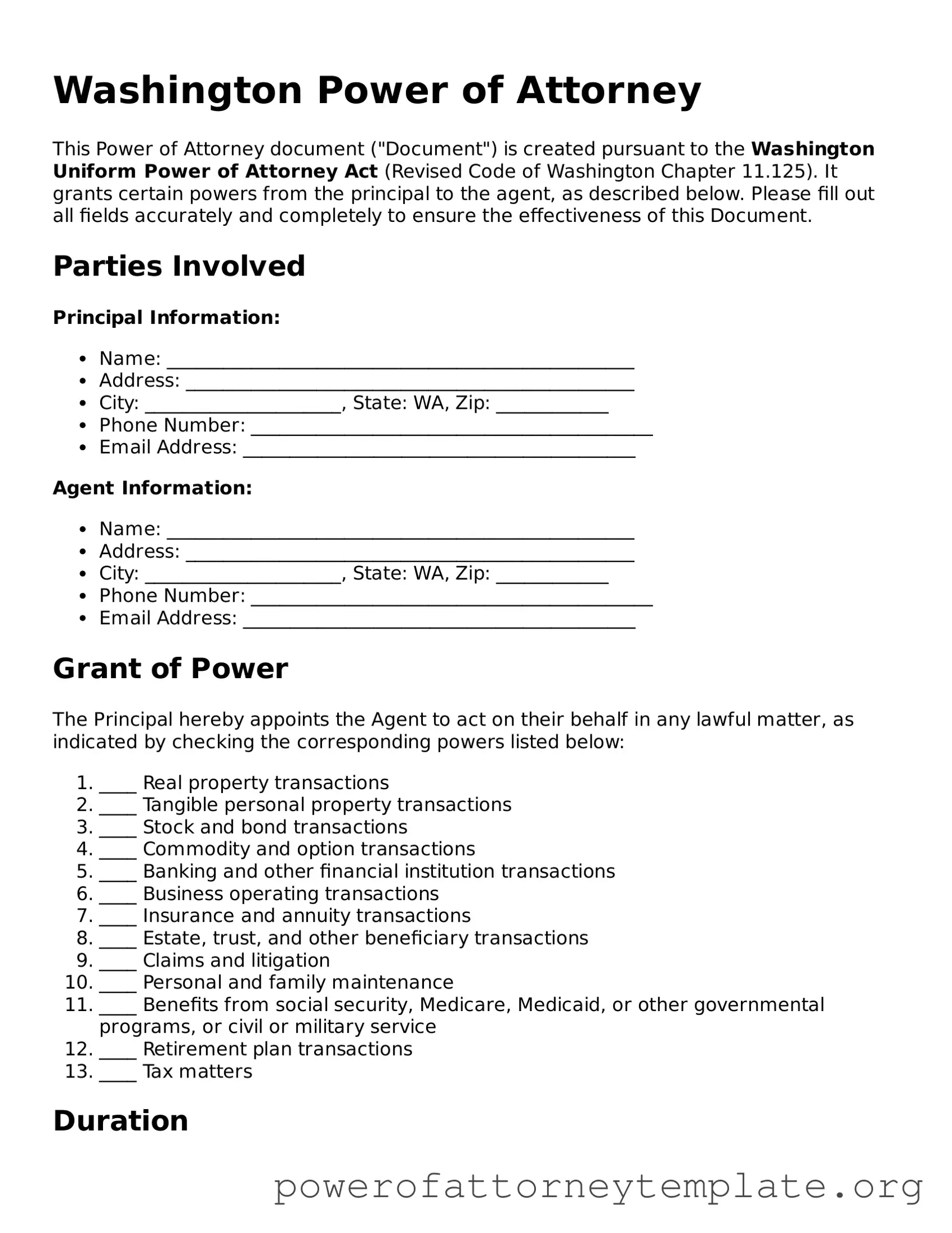 Legal Washington Power of Attorney Template