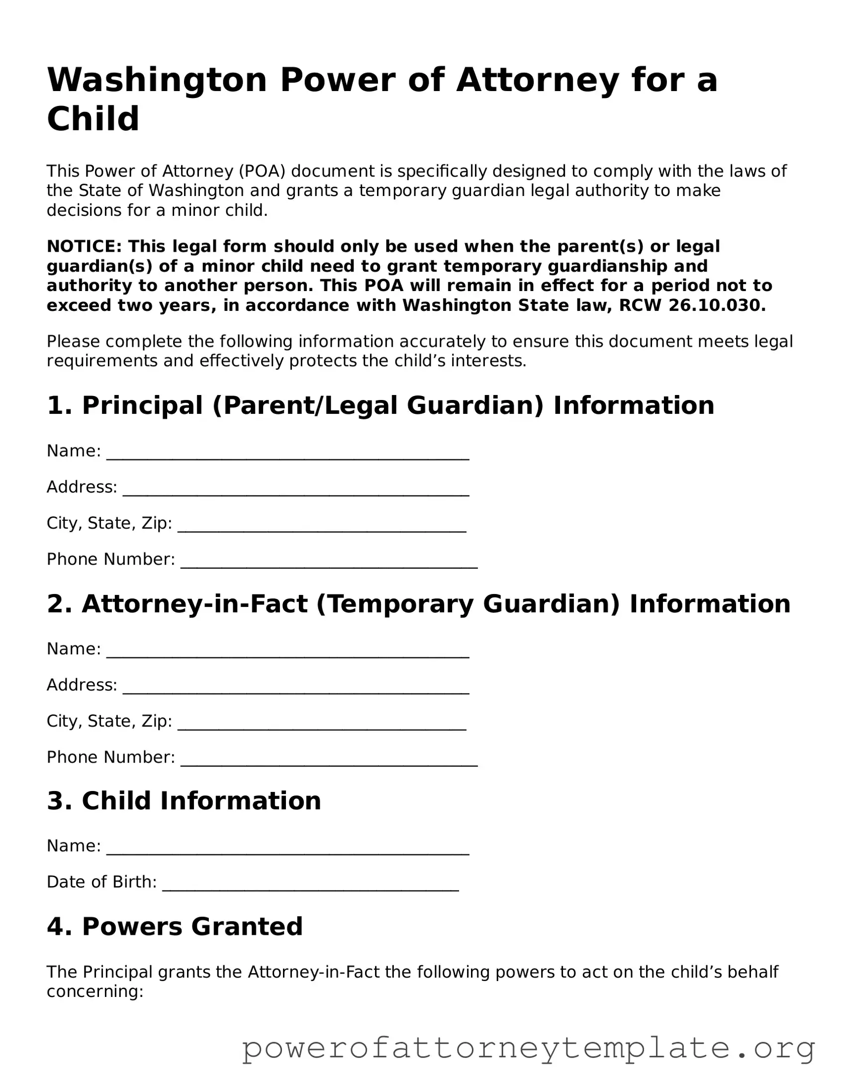 Legal Washington Power of Attorney for a Child Template