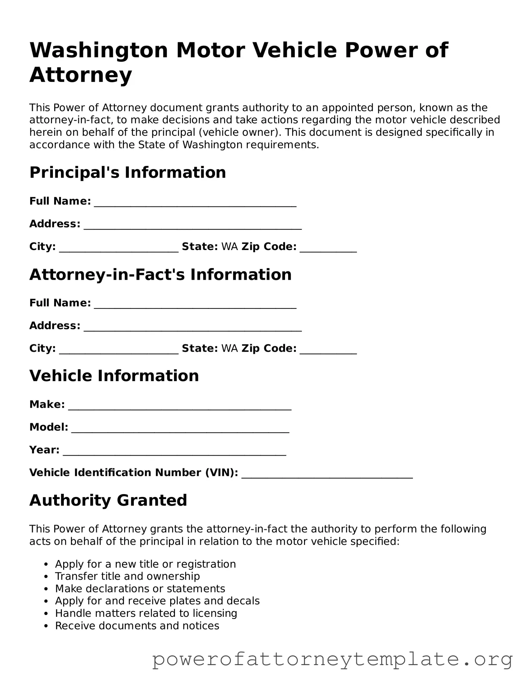 Legal Washington Motor Vehicle Power of Attorney Template