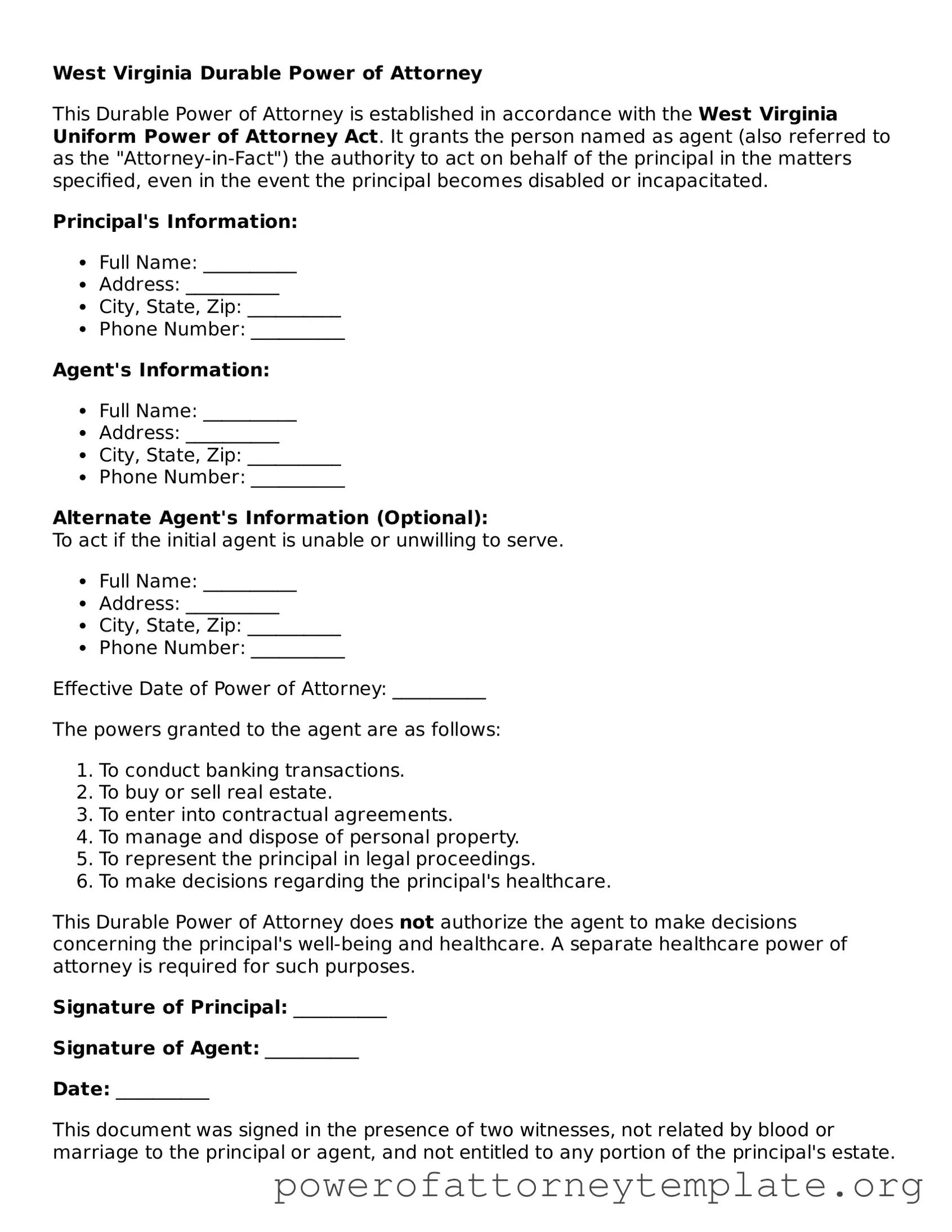 Legal West Virginia Durable Power of Attorney Template