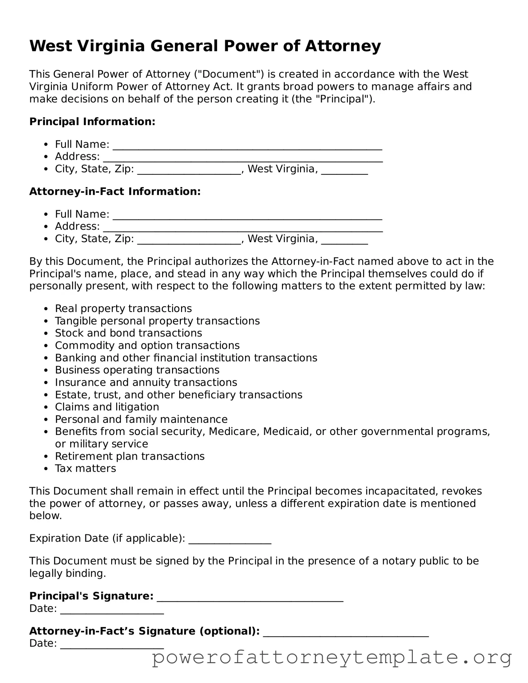 Legal West Virginia General Power of Attorney Template