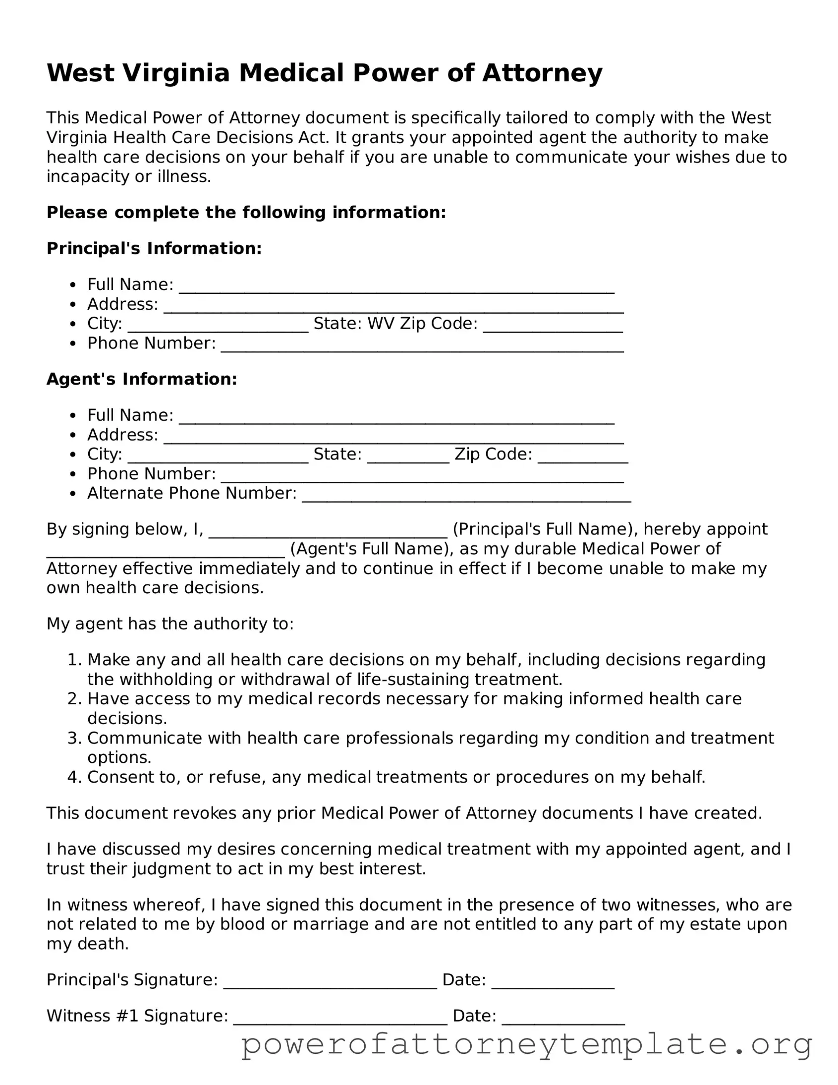 Legal West Virginia Medical Power of Attorney Template