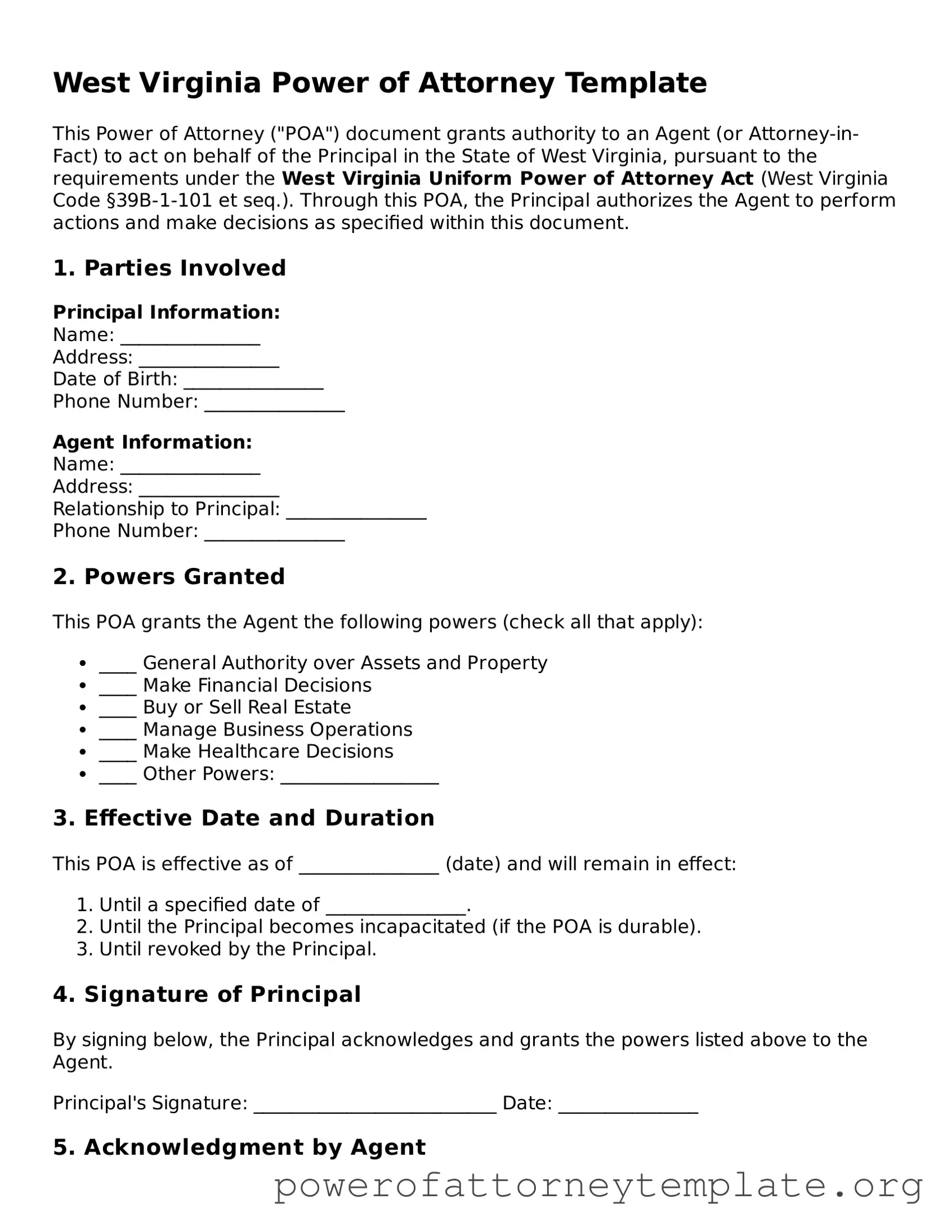 Legal West Virginia Power of Attorney Template