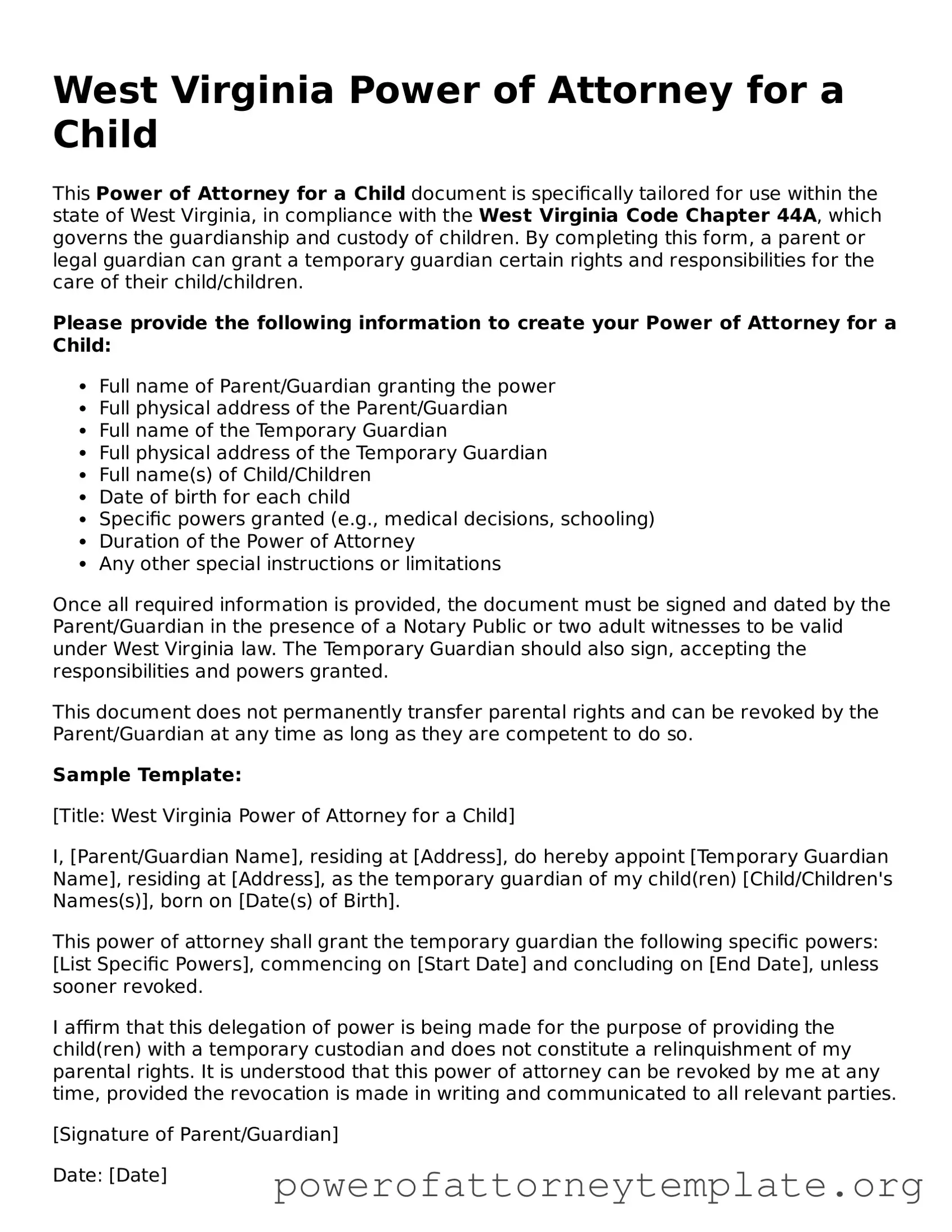Legal West Virginia Power of Attorney for a Child Template