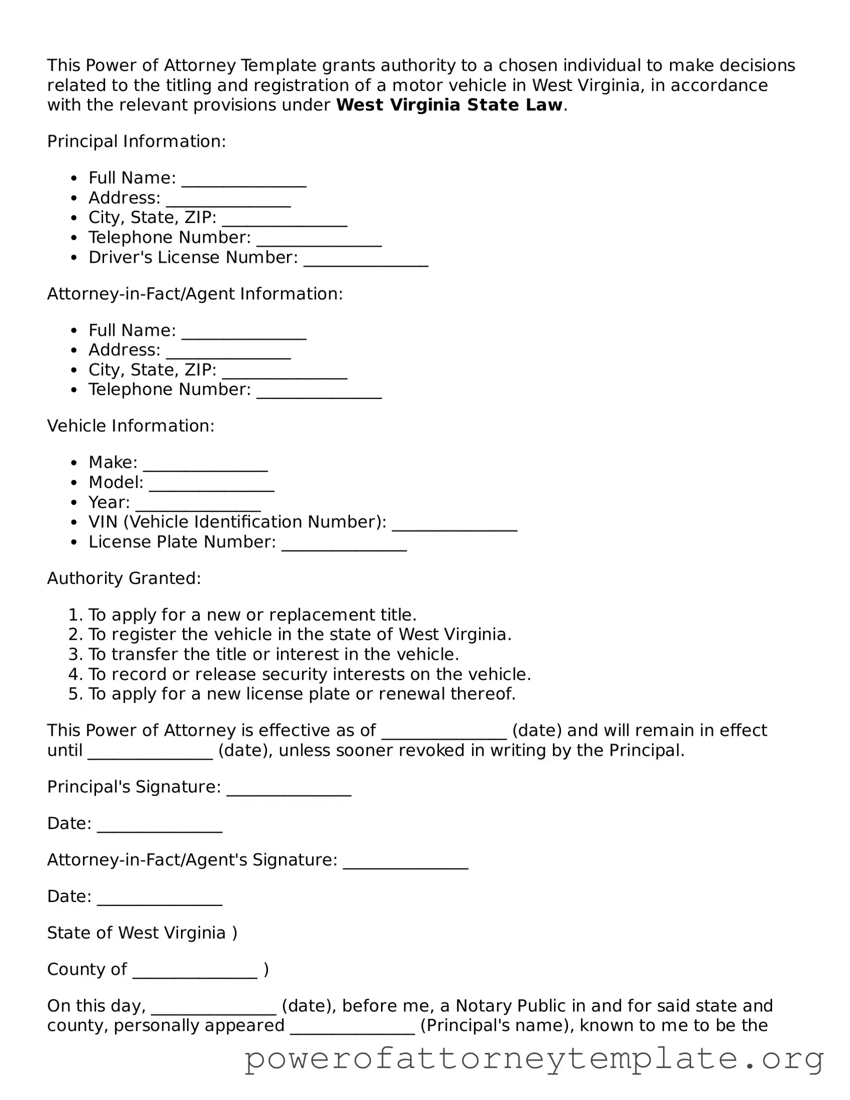 Legal West Virginia Motor Vehicle Power of Attorney Template