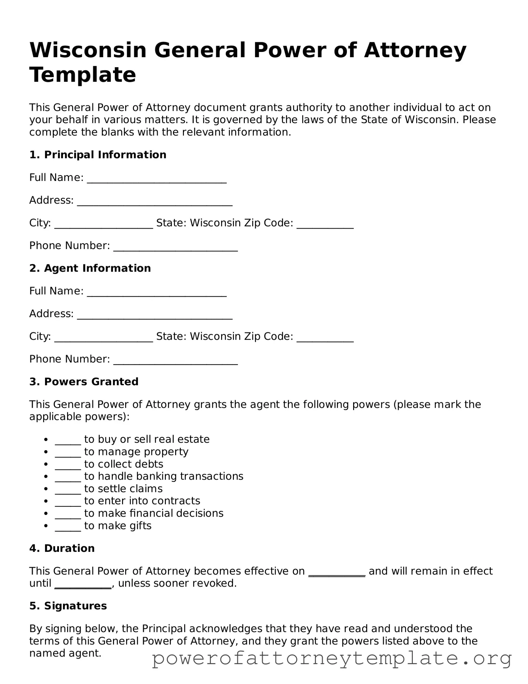 Legal Wisconsin General Power of Attorney Template