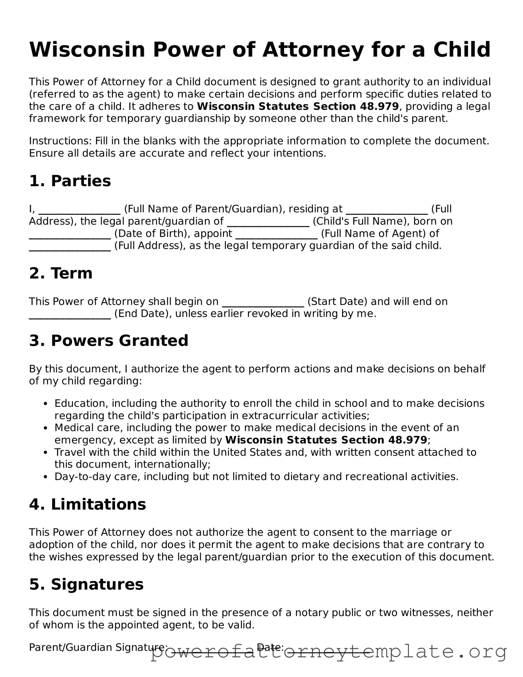 Legal Wisconsin Power of Attorney for a Child Template