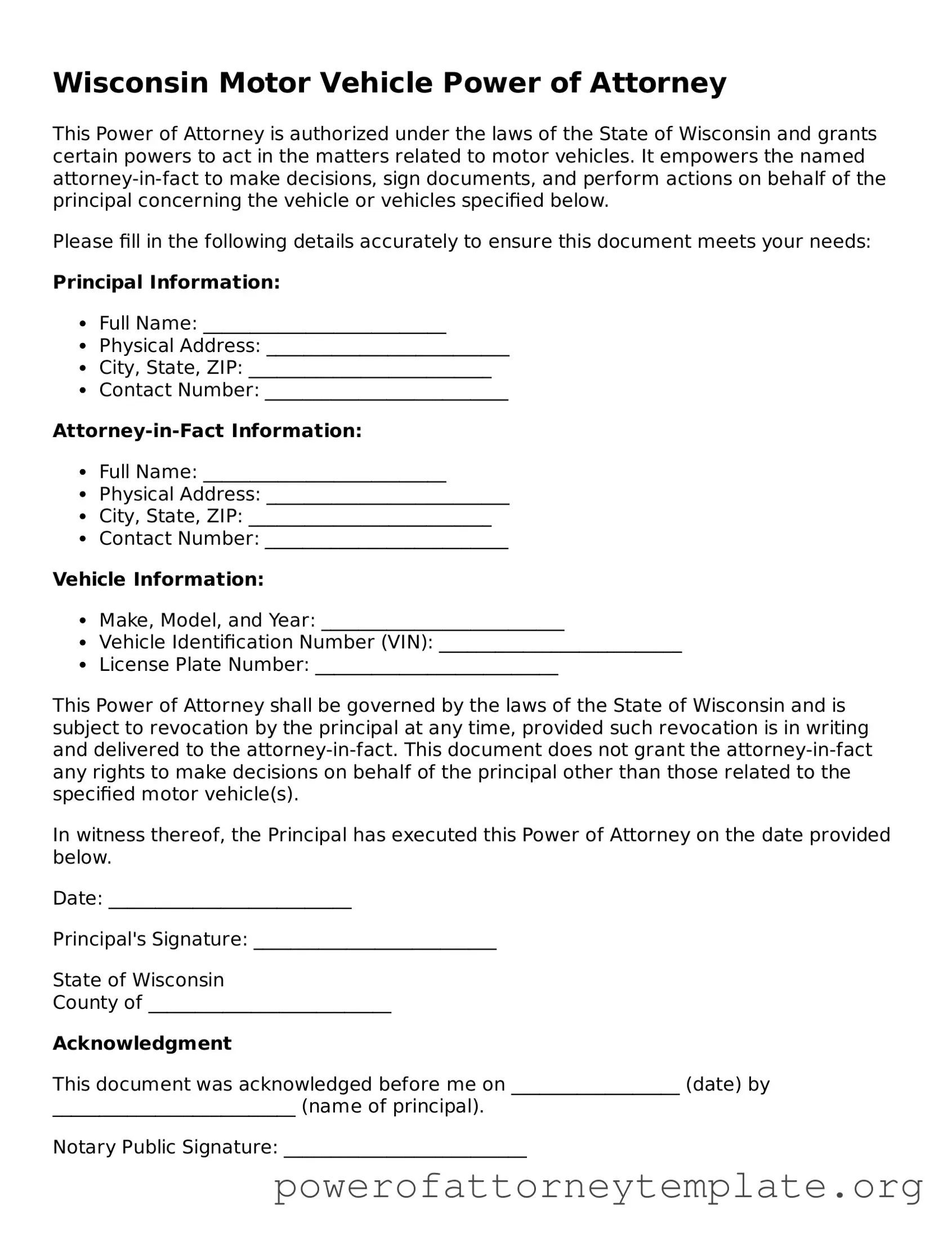 Legal Wisconsin Motor Vehicle Power of Attorney Template