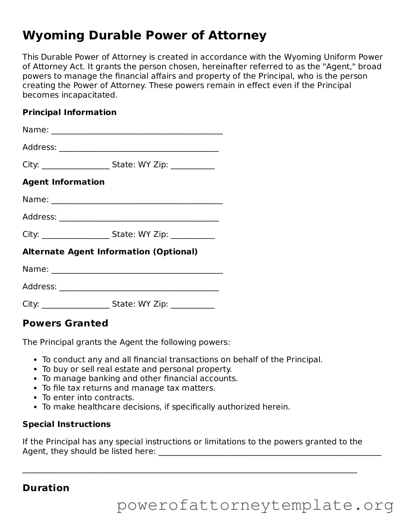 Legal Wyoming Durable Power of Attorney Template