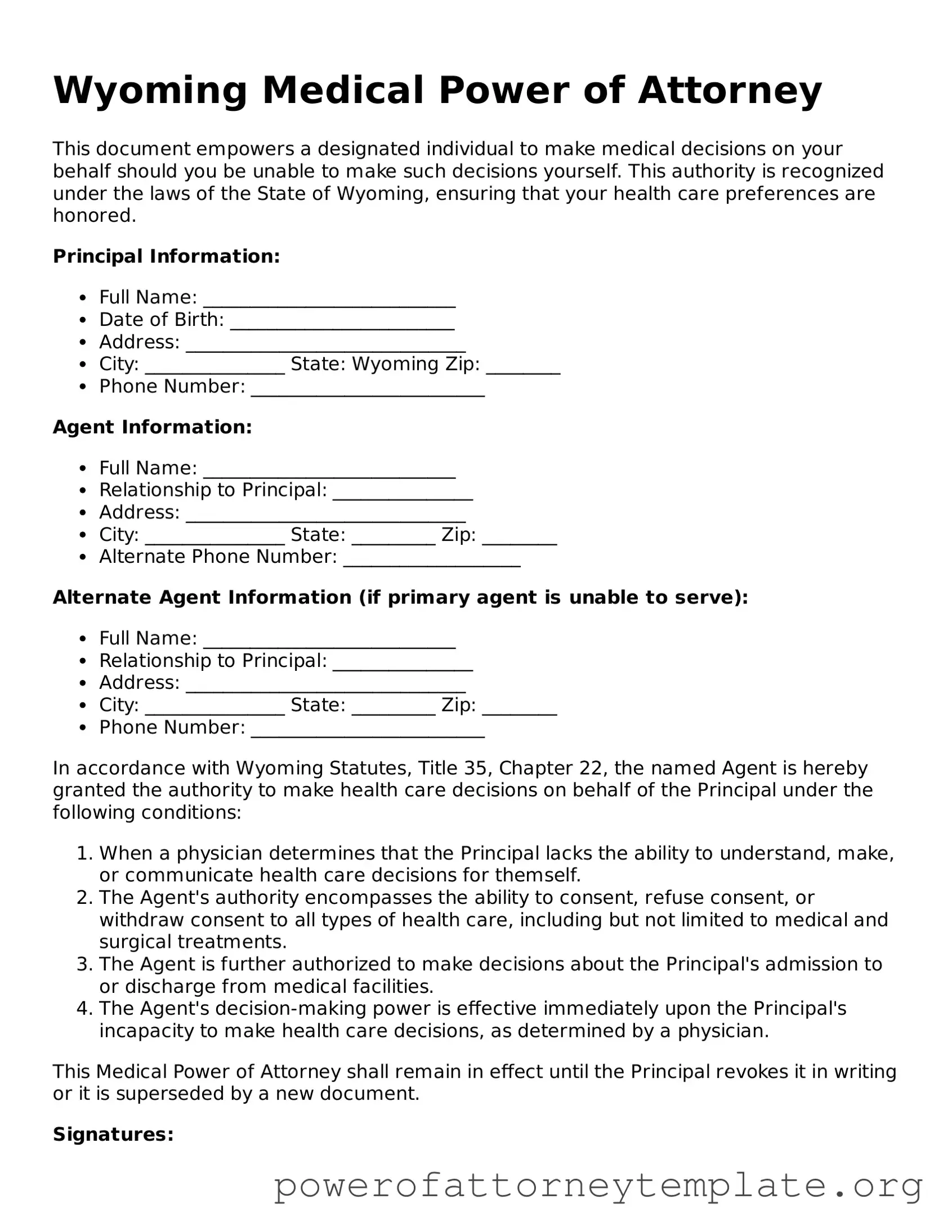 Legal Wyoming Medical Power of Attorney Template