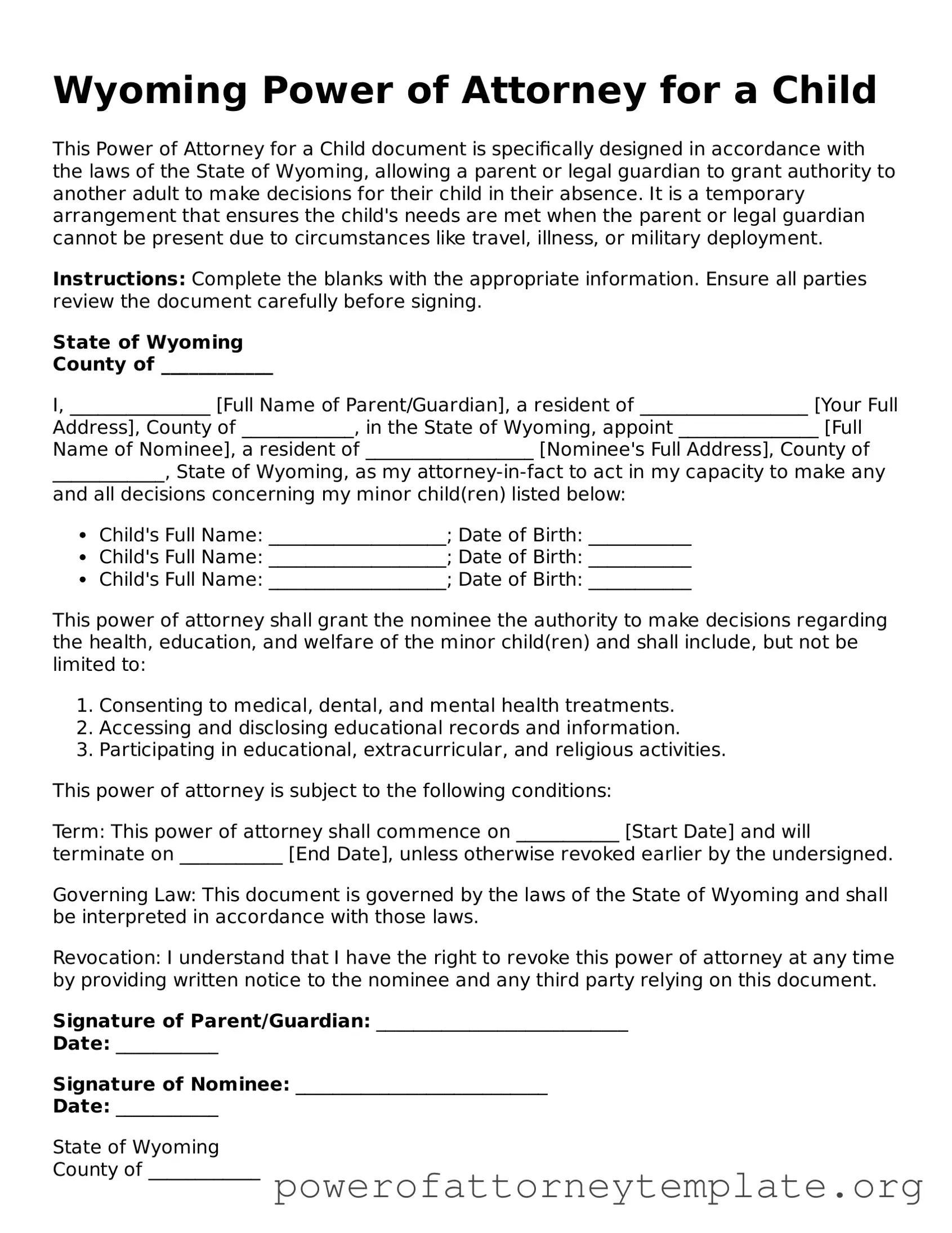 Legal Wyoming Power of Attorney for a Child Template