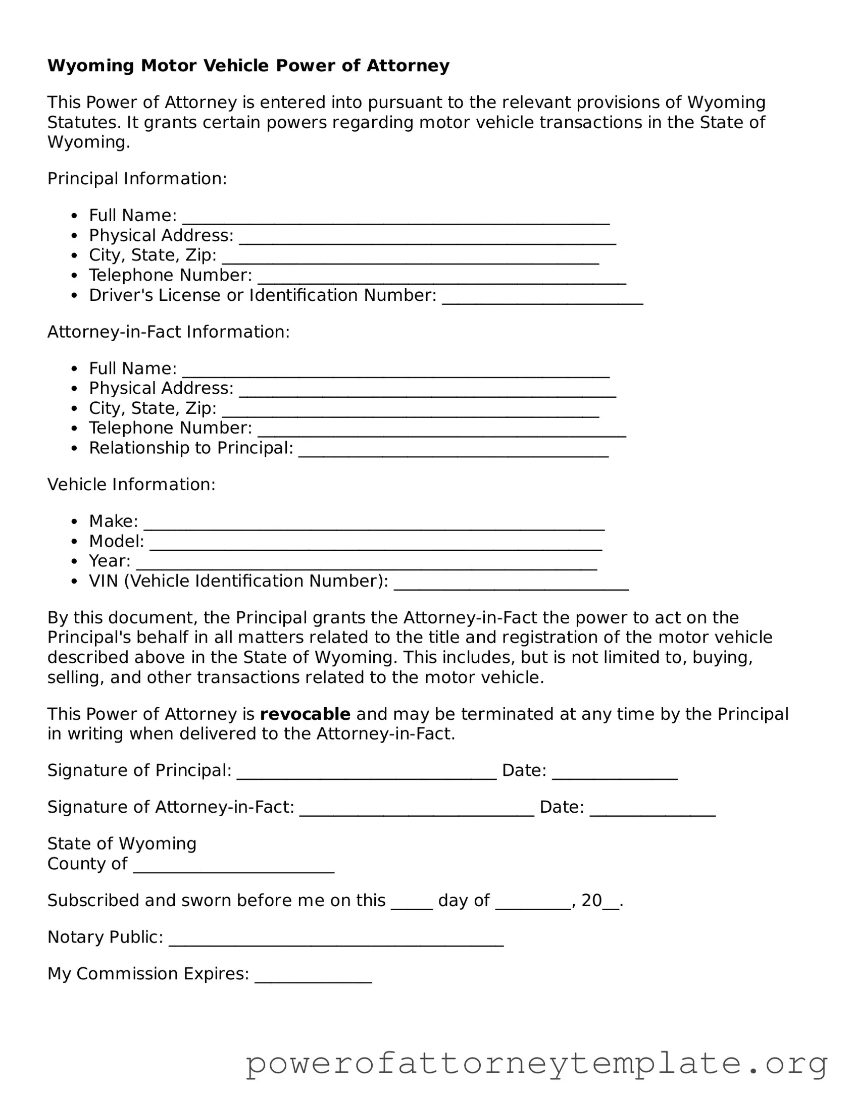 Legal Wyoming Motor Vehicle Power of Attorney Template